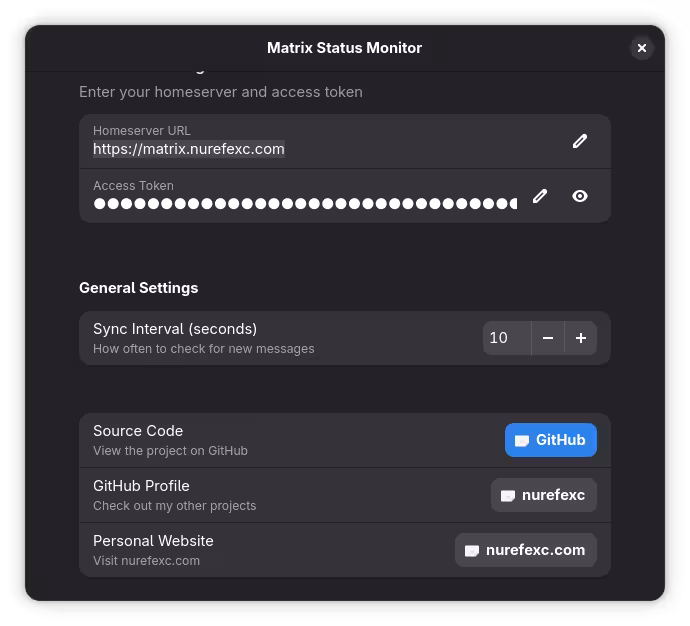 The app's settings UI allows to configure to login details and sync interval.